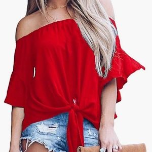 LuckyMore Womens Striped Off Shoulder Bell Sleeve Shirt Tie Knot Summer Blouses